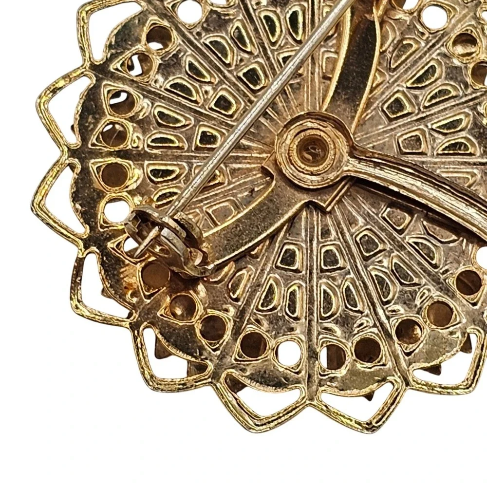 Vtg Brooch Lot 2pc Gold Tone Faux Pearl Statement 2.5